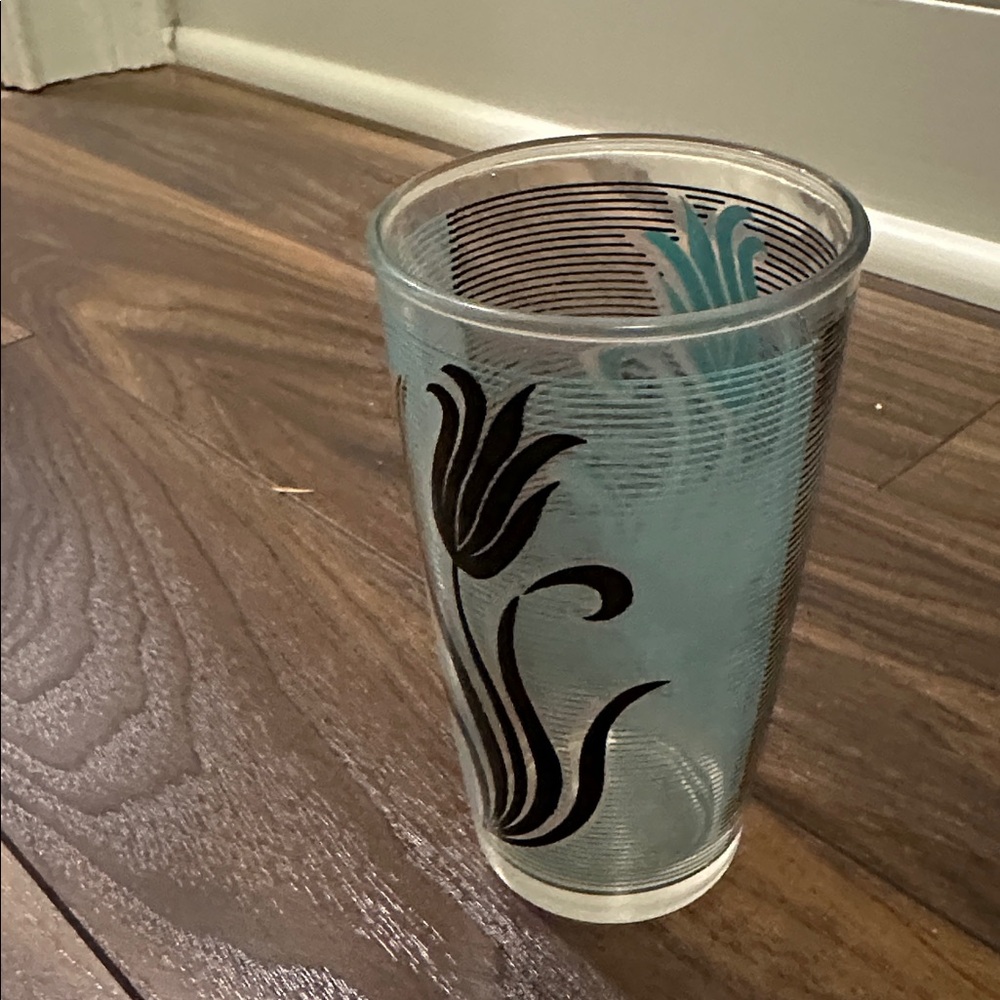 1 Vintage Hazel Atlas Glass Turquoise Green Black flower stripe MCM